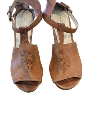 Coach Juday Tumbled Glazed Leather Open Toe Platform Wedges